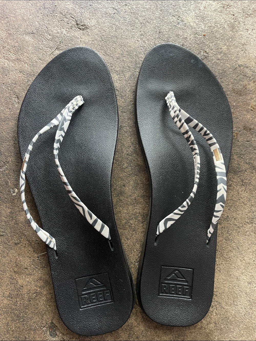 Reef Women’s Black Flip Flops with Black-and-White Patterned zebra Straps